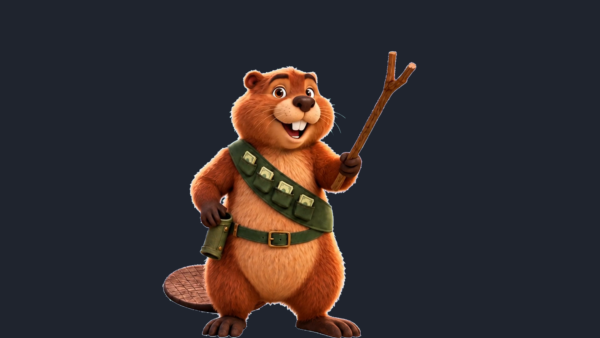 Chipworth, Damwise’s friendly beaver guide, holding a walking stick.